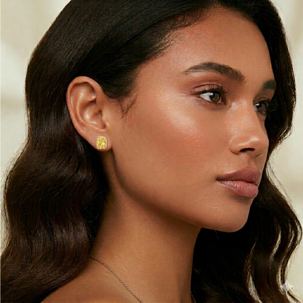 Bezel Set Fancy Yellow Radiant Cut Lab Grown Diamond Studs RG lifestyle