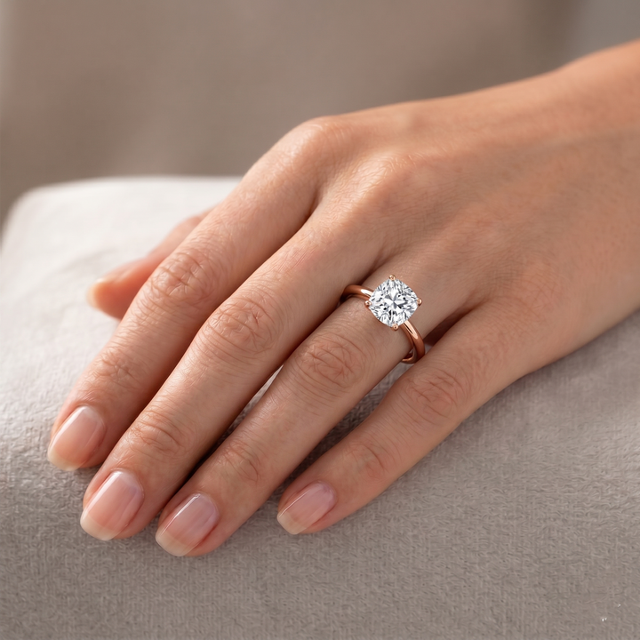 Cushion Cut Thin Band Solitaire Lab Grown Diamond Engagement Ring lifestyle RG