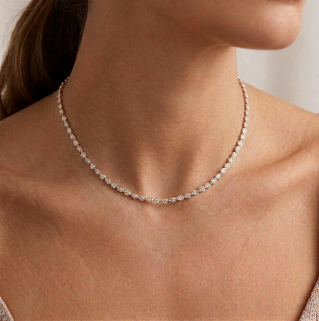 Bezel Set East-West Pear Shape Lab Grown Diamond Tennis Necklace Rose Gold