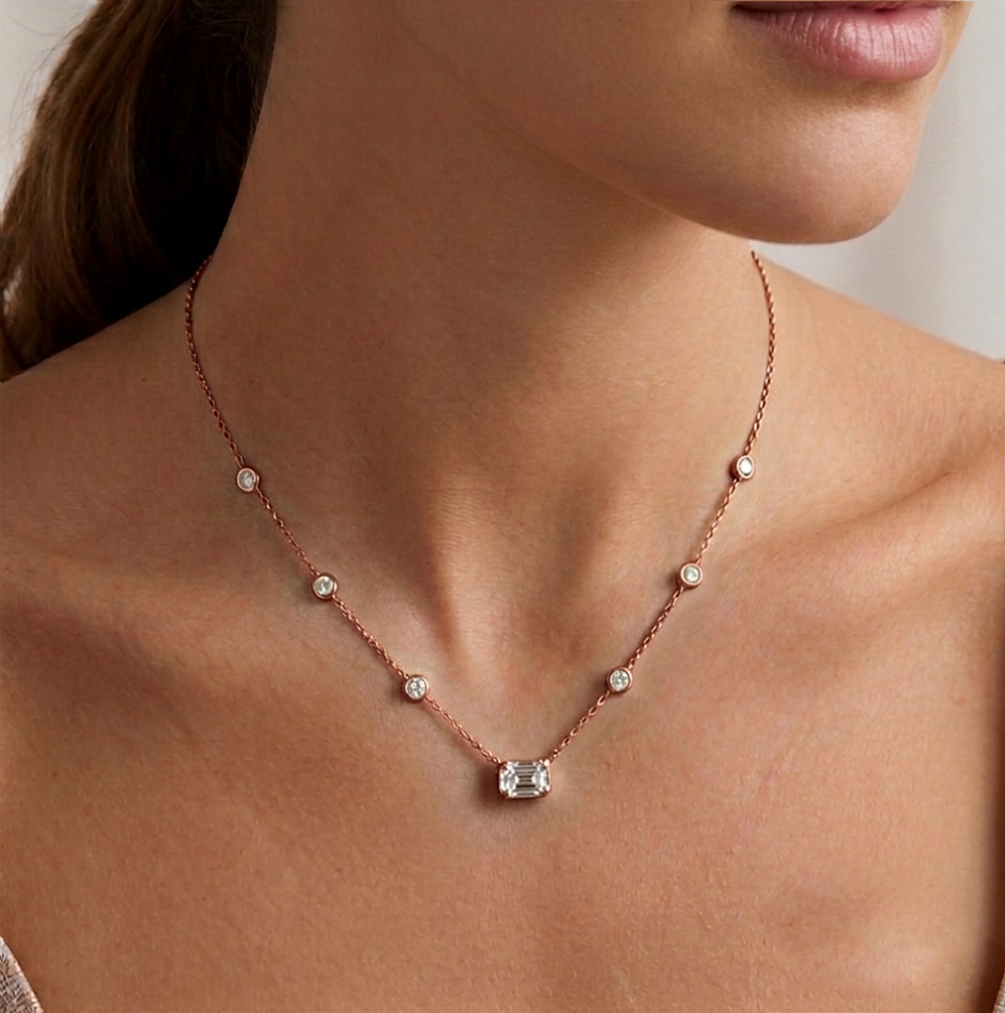 Diamond Station Necklace with Emerald Shape Center Stone