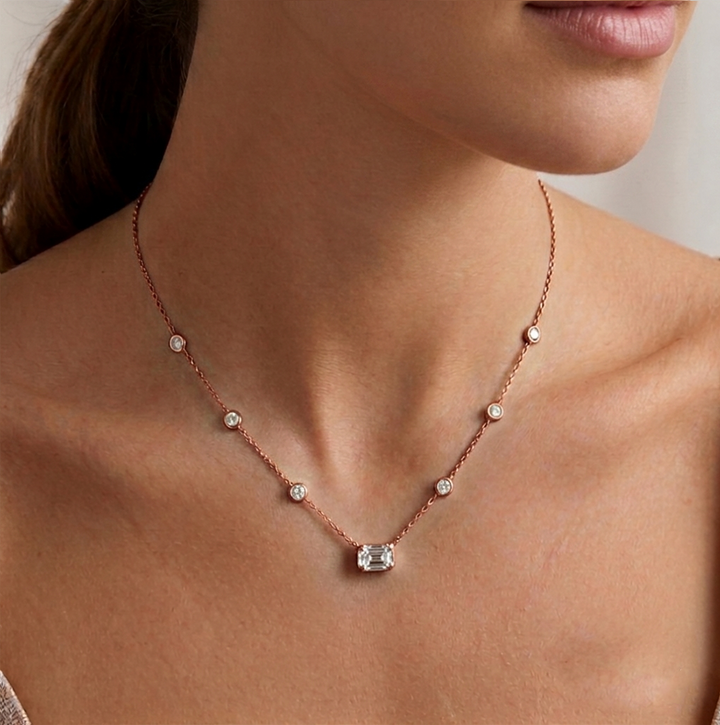 Diamond Station Necklace with Emerald Shape Center Stone