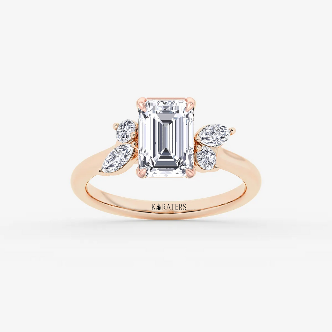 WG Emerald Lab Grown Diamond with Round & Marquise Side Stone top view