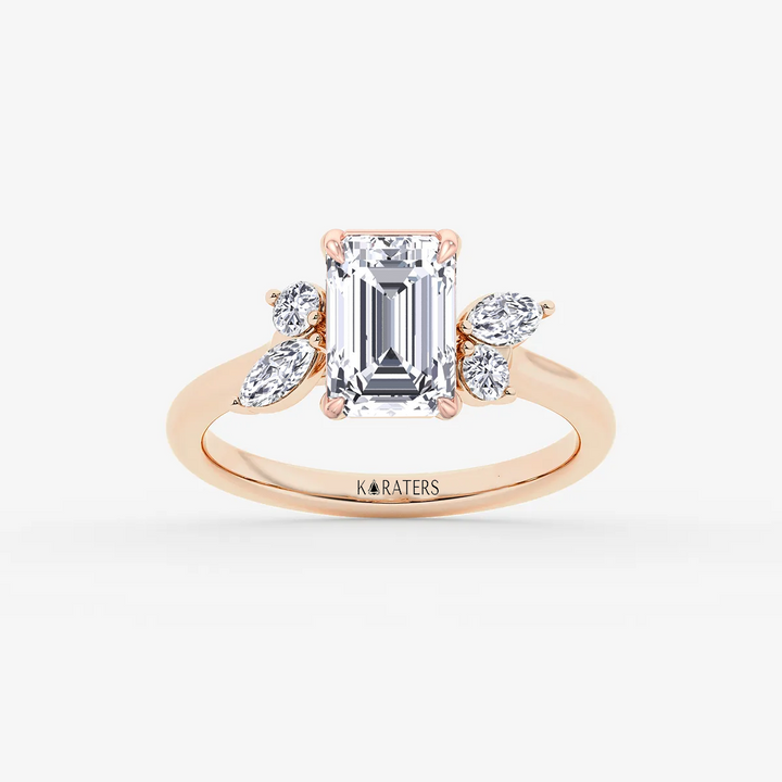 WG Emerald Lab Grown Diamond with Round & Marquise Side Stone top view
