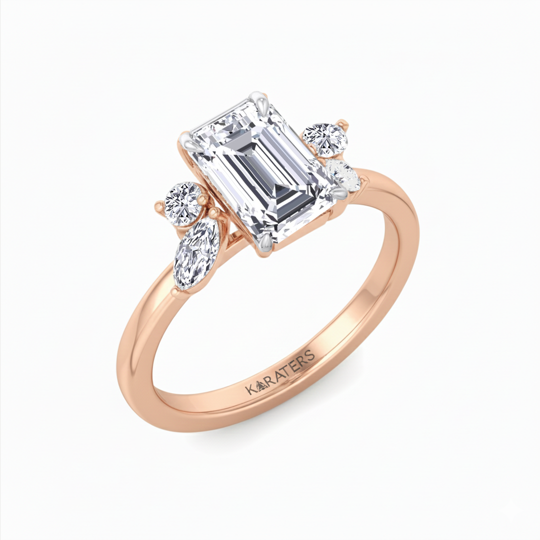RG Emerald Lab Grown Diamond with Round & Marquise Side Stone side view