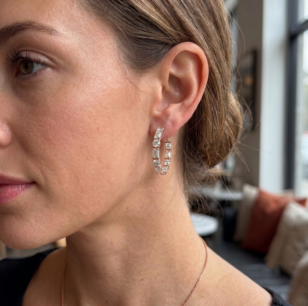 Emerald Cut and Round Alternating Natural Diamond Hoop Earrings RG lifestyle
