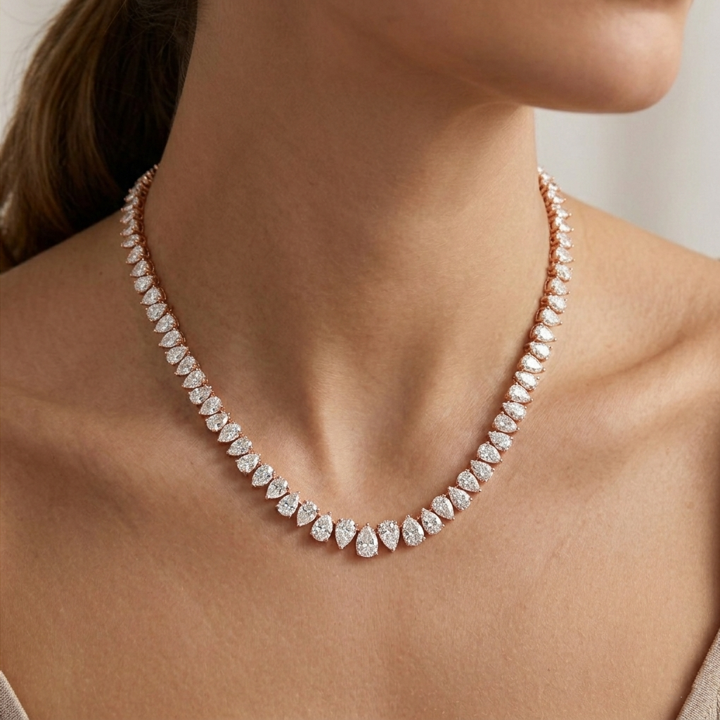 North-South Pear Shape Lab Grown Diamond Tennis Necklace Rose Gold