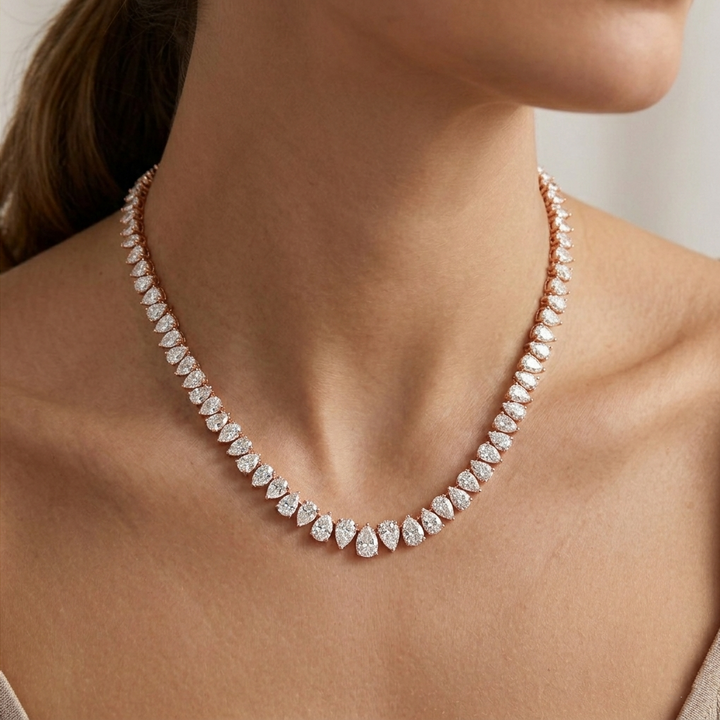 North-South Pear Shape Lab Grown Diamond Tennis Necklace Rose Gold