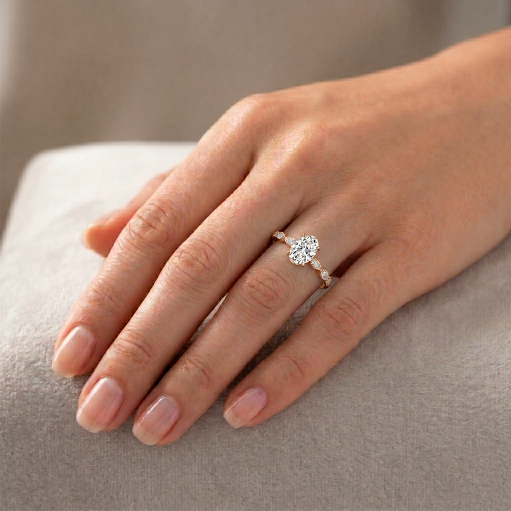 Oval Cut Lab-Grown Diamond Engagement Ring with Marquise Accent Lifestyle RG
