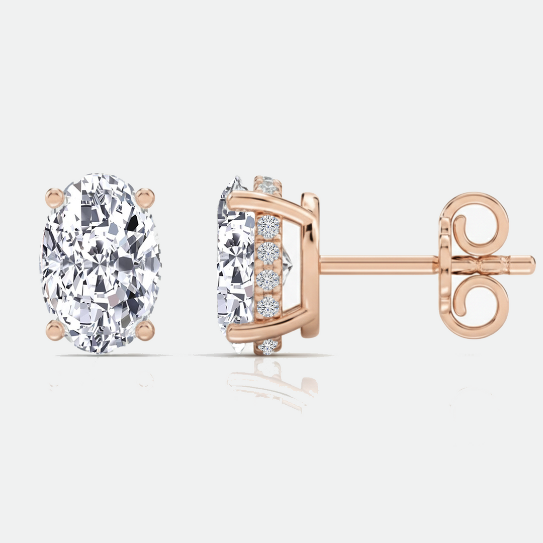 RG Oval Cut Lab Grown Diamond Studs with Invisible Halo Side and Front view