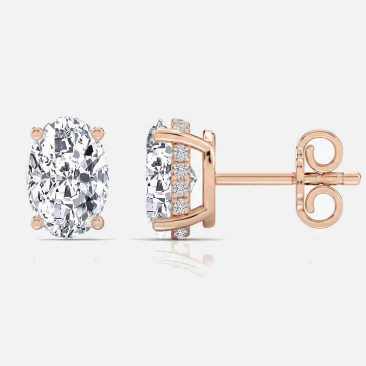 RG Oval Cut Lab Grown Diamond Studs with Invisible Halo Side and Front view