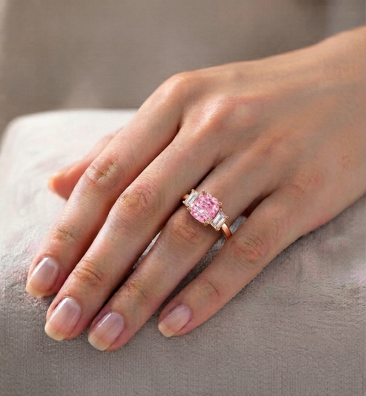 Fancy Pink Cushion Cut Lab Grown Diamond Engagement Ring with Trapezoid Sidestones