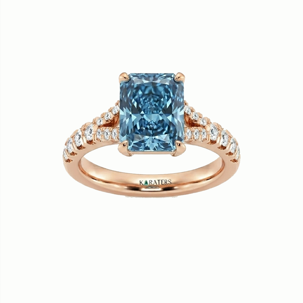 Fancy Blue Radiant Cut Lab Grown Diamond Split Shank Engagement Ring Rose Gold 18K