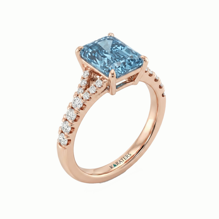 Fancy Blue Radiant Cut Lab Grown Diamond Split Shank Engagement Ring Rose Gold 14K