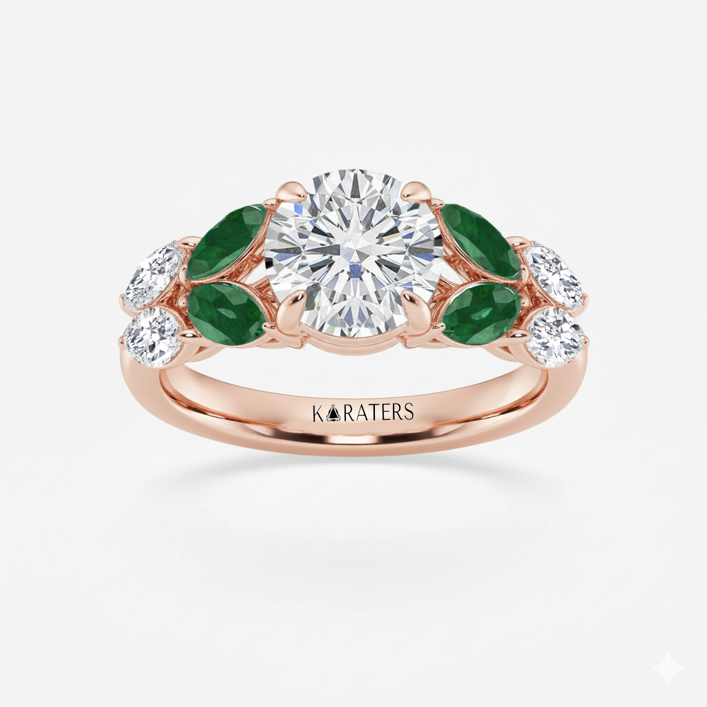 RG Round Lab Grown Diamond with Marquise Green Emerald Side Stone Ring top view