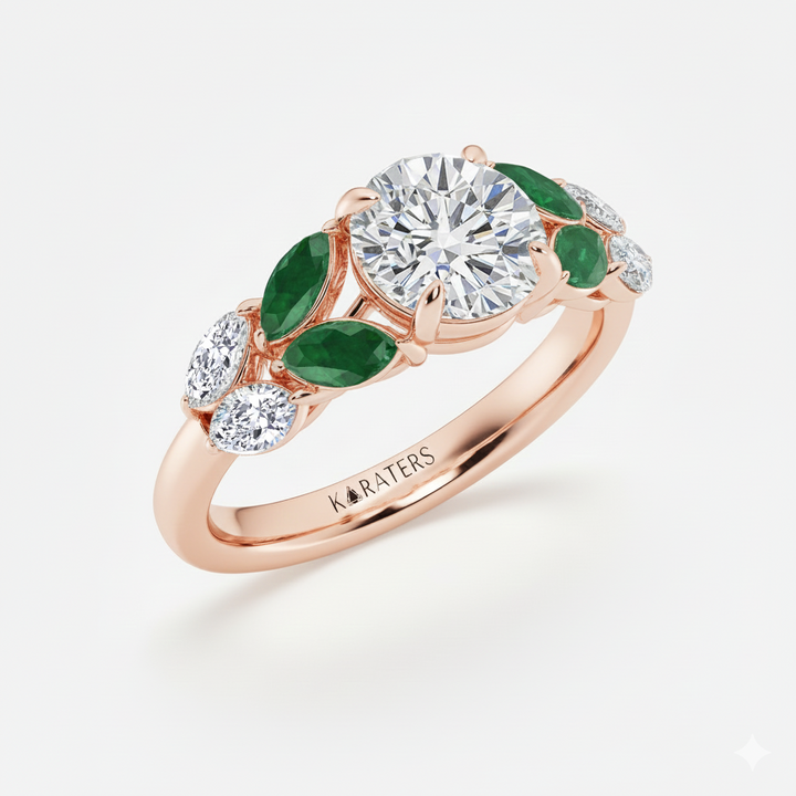 RG Round Lab Grown Diamond with Marquise Green Emerald Side Stone Ring side view