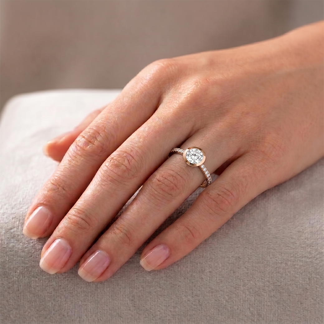 Round Shape Bezel Set Lab Grown Diamond Engagement Ring with Pave Band