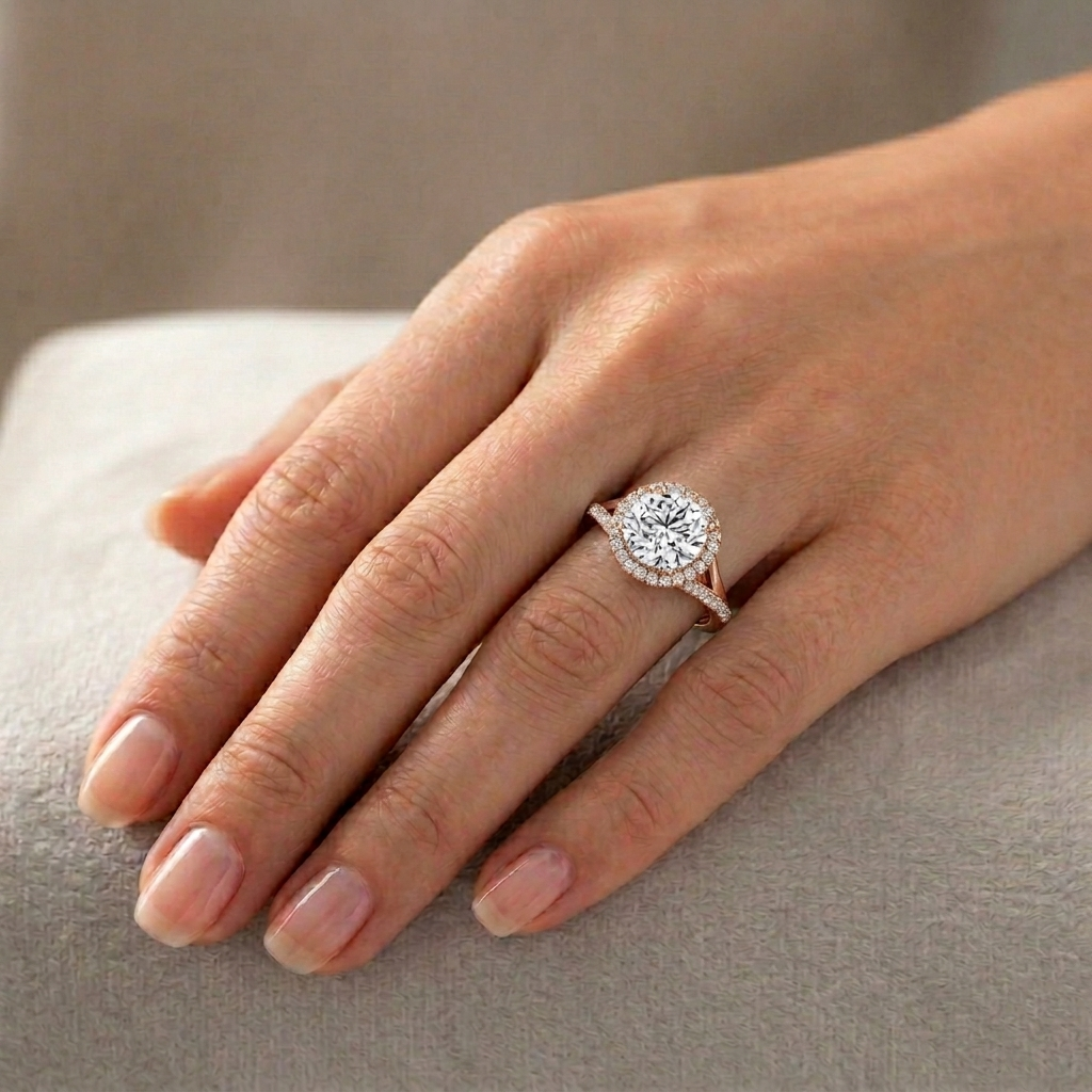 Round Cut Halo Lab Grown Diamond Engagement Ring With Twist Band
