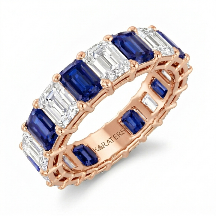 Alternating Emerald Shape Lab Grown Blue Sapphire and Diamonds Eternity Band Rose Gold 18K