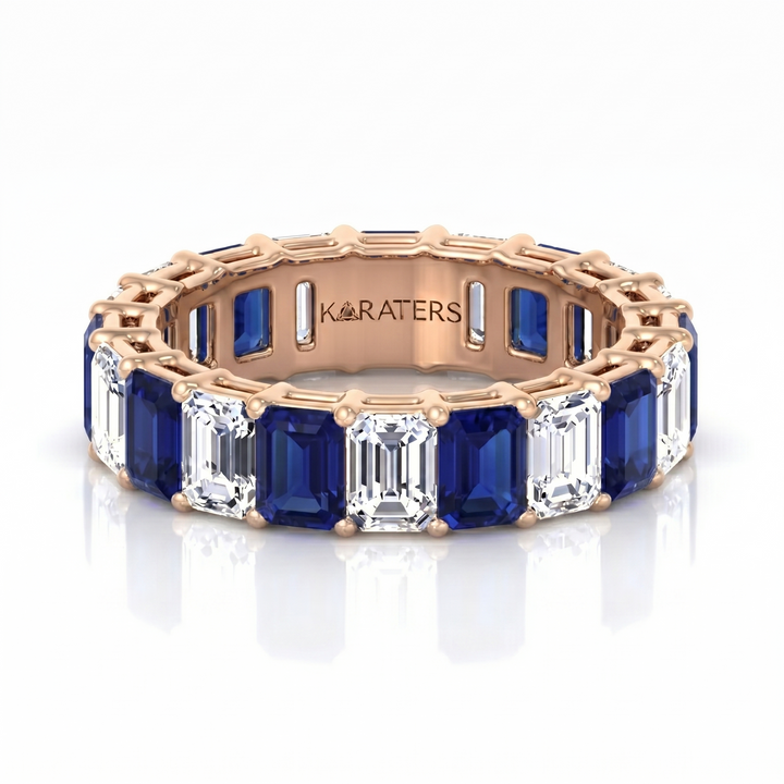 Alternating Emerald Shape Lab Grown Blue Sapphire and Diamonds Eternity Band Rose Gold 14K