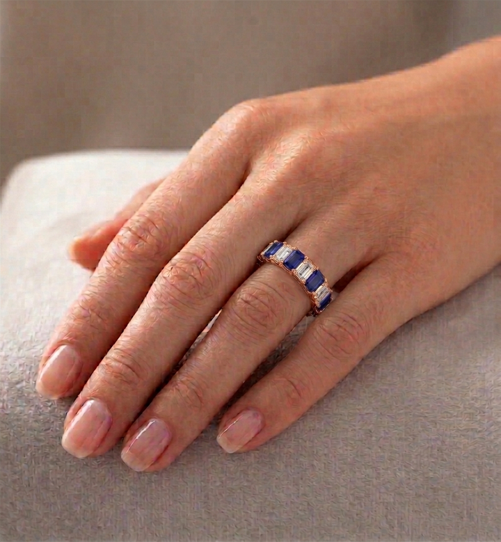 Alternating Emerald Shape Lab Grown Blue Sapphire and Diamonds Eternity Band Rose Gold