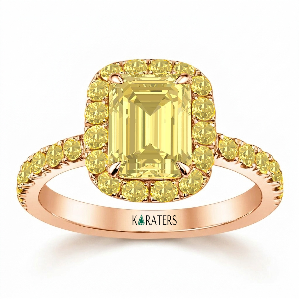 Fancy Yellow Emerald Cut Lab Grown Diamond Halo Pave Ring RG 2