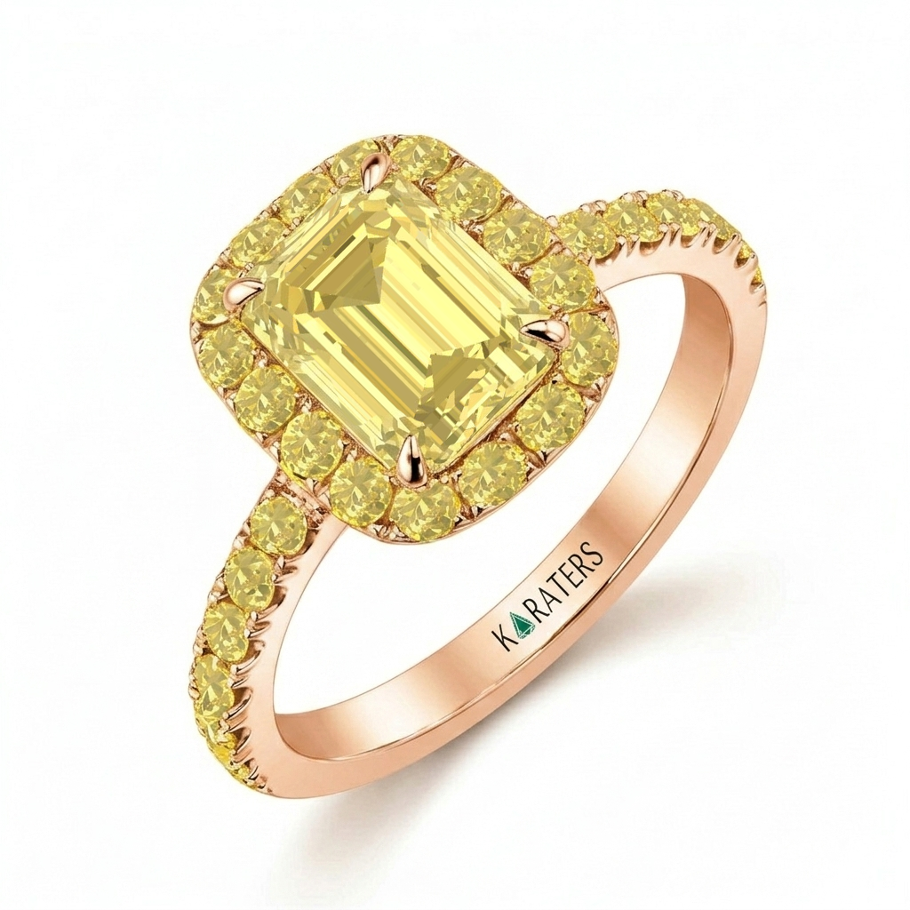 Fancy Yellow Emerald Cut Lab Grown Diamond Halo Pave Ring RG