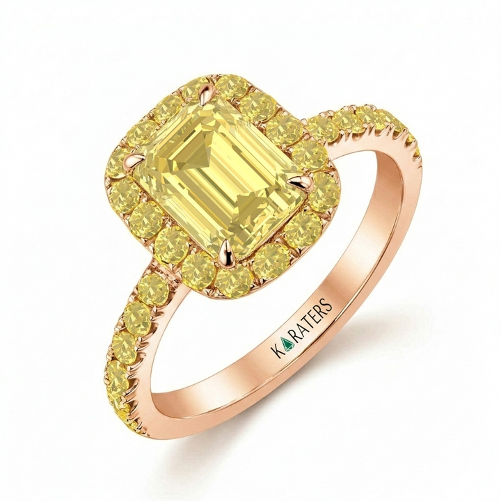 Fancy Yellow Emerald Cut Lab Grown Diamond Halo Pave Ring RG