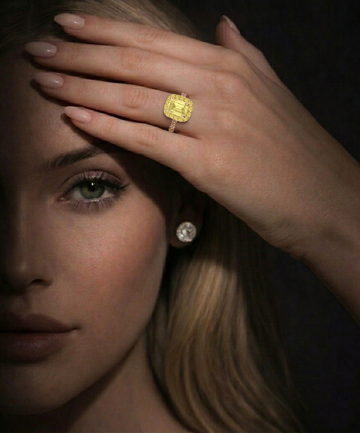 Fancy Yellow Emerald Cut Lab Grown Diamond Halo Pave Ring RG lifestyle