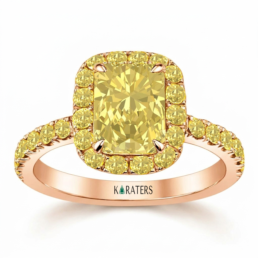 Fancy Yellow Radiant Cut Lab Grown Diamond Halo Pave Ring RG 2
