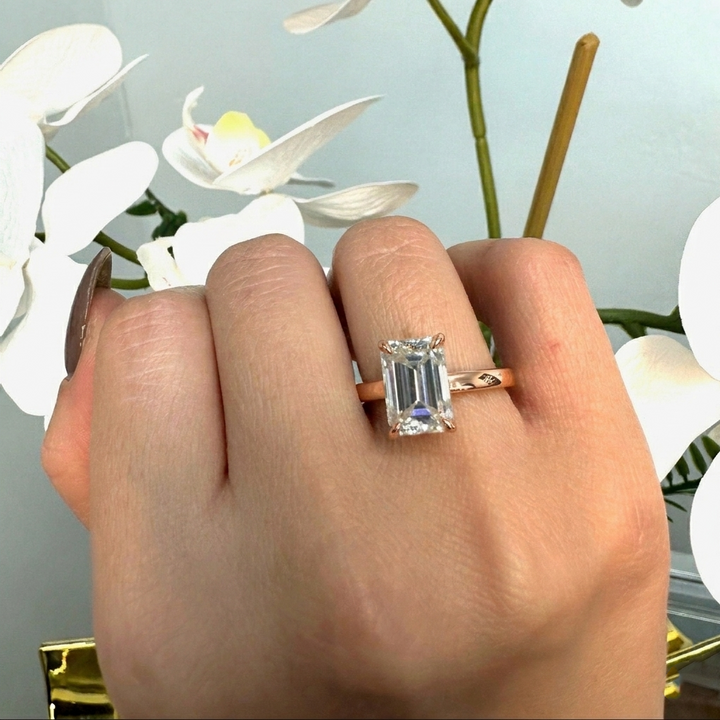 Emerald Cut Solitaire Lab Grown Diamond Engagement Ring Cathedral Style