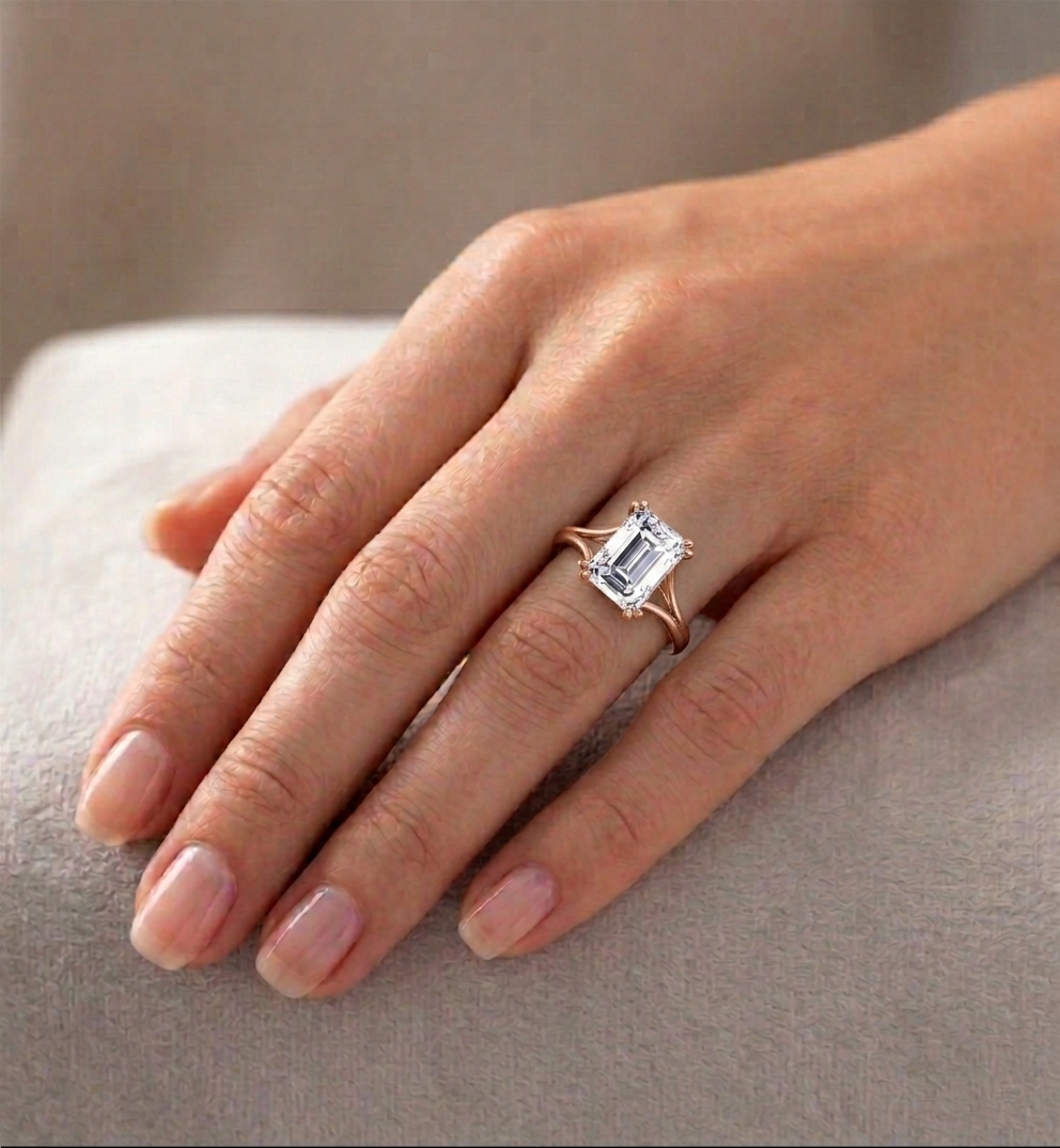 Emerald Lab Grown Diamond Double Prong Hidden Halo Engagement Ring