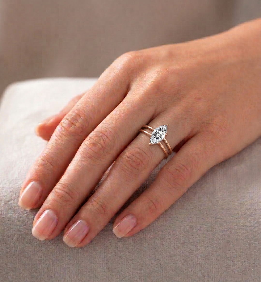 Marquise Cut Lab Grown Diamond with Double Band Solitaire Engagement Ring
