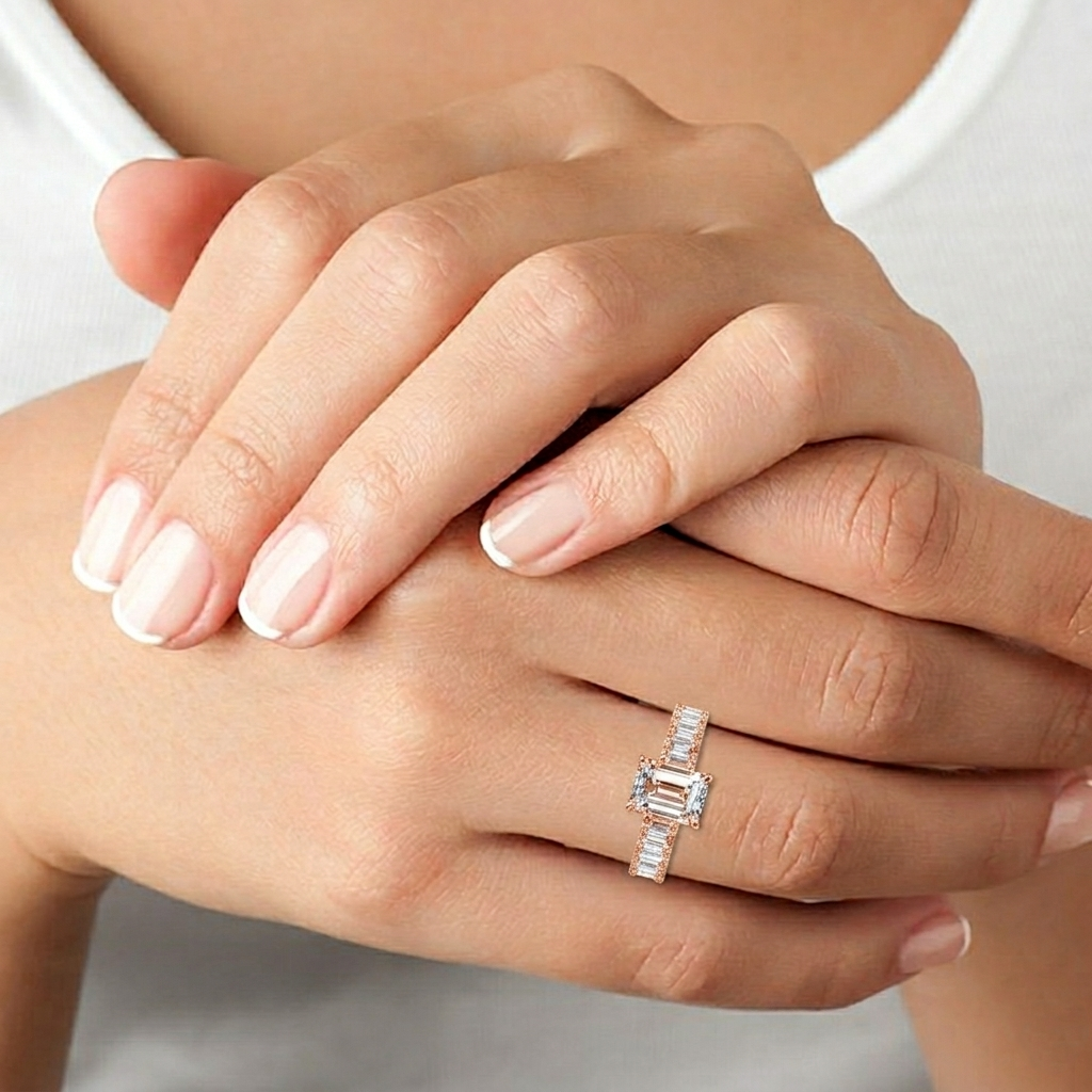 Emerald Cut Lab Grown Diamond Eternity Engagement Ring ( U-PRONG SETTING )