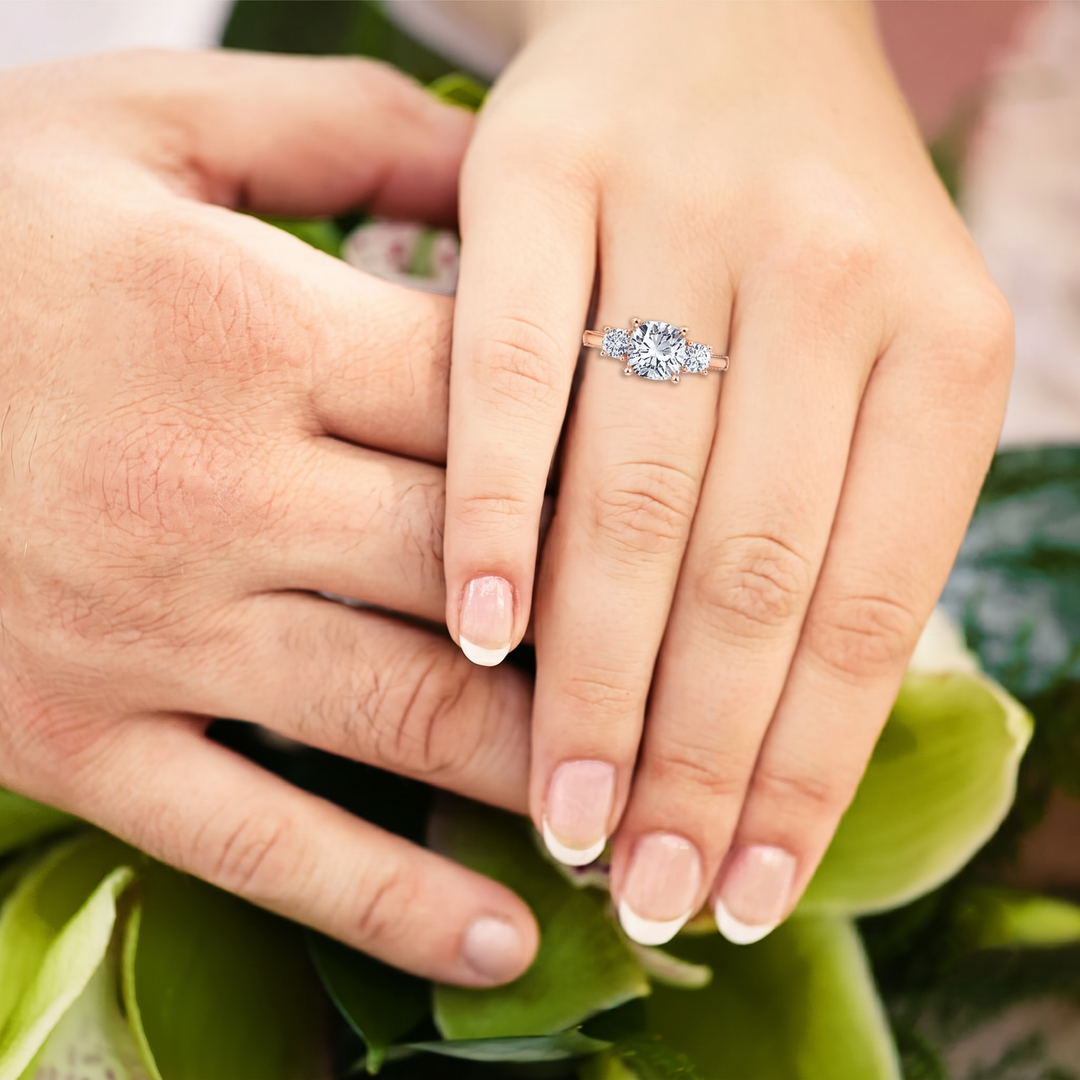Cushion Cut Solitaire Lab Grown Diamond Engagement Ring With Round SideStones