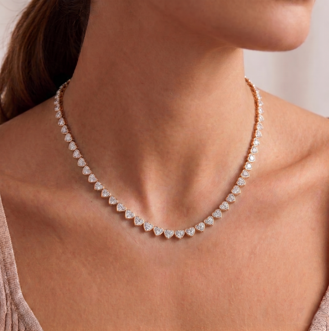 Heart Shape Bezel Set Lab Grown Diamond Tennis Necklace 18K Solid Gold