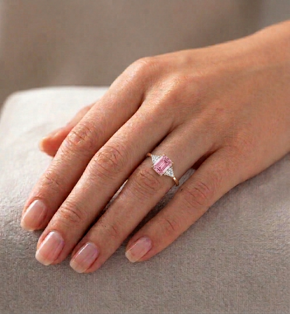Fancy Pink Emerald Shape Lab-Grown Diamond Engagement Ring with Trillion Sidestones