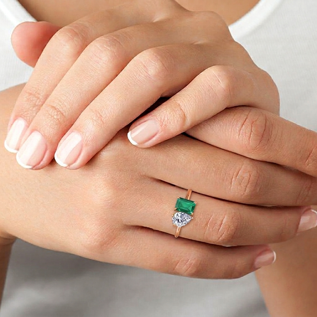 Toi et Moi Green Emerald & Pear Shape Lab Grown Diamond Engagement Ring