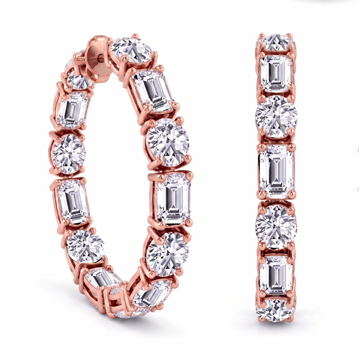 Emerald Cut and Round Alternating Natural Diamond Hoop Earrings RG