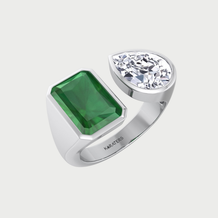 Toi et Moi Radiant Green Emerald and Pear Shape Bezel Set Lab Grown Diamond