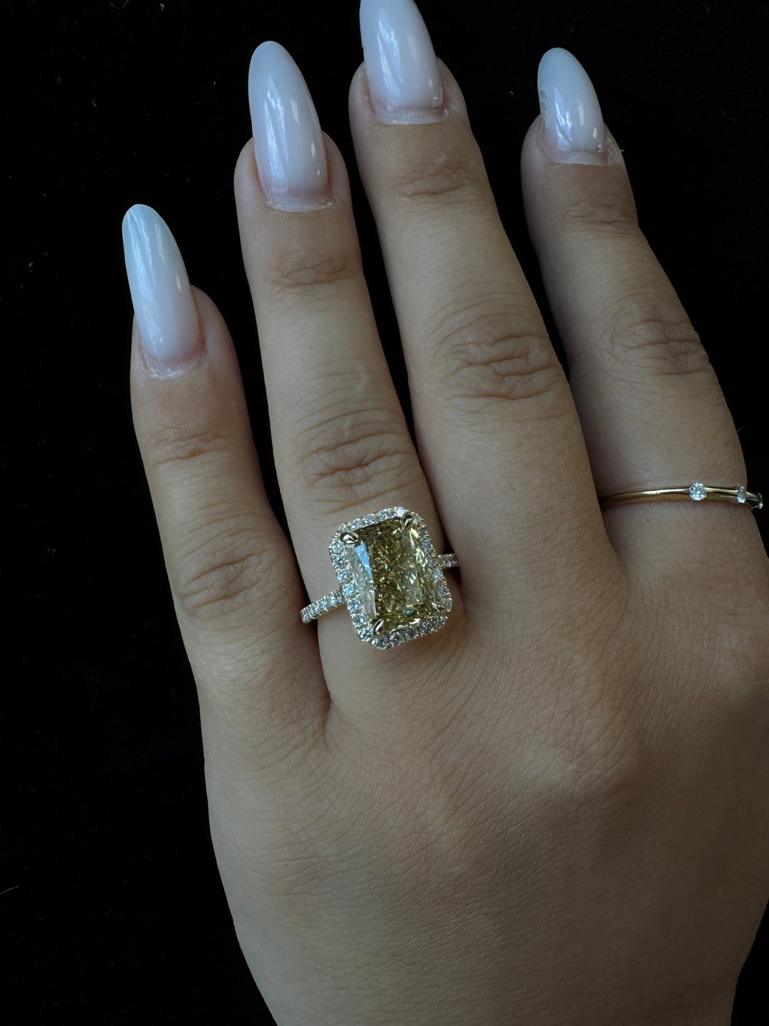 Radiant Cut Canary Yellow Lab Diamond Engagement Ring Pave Band and Halo