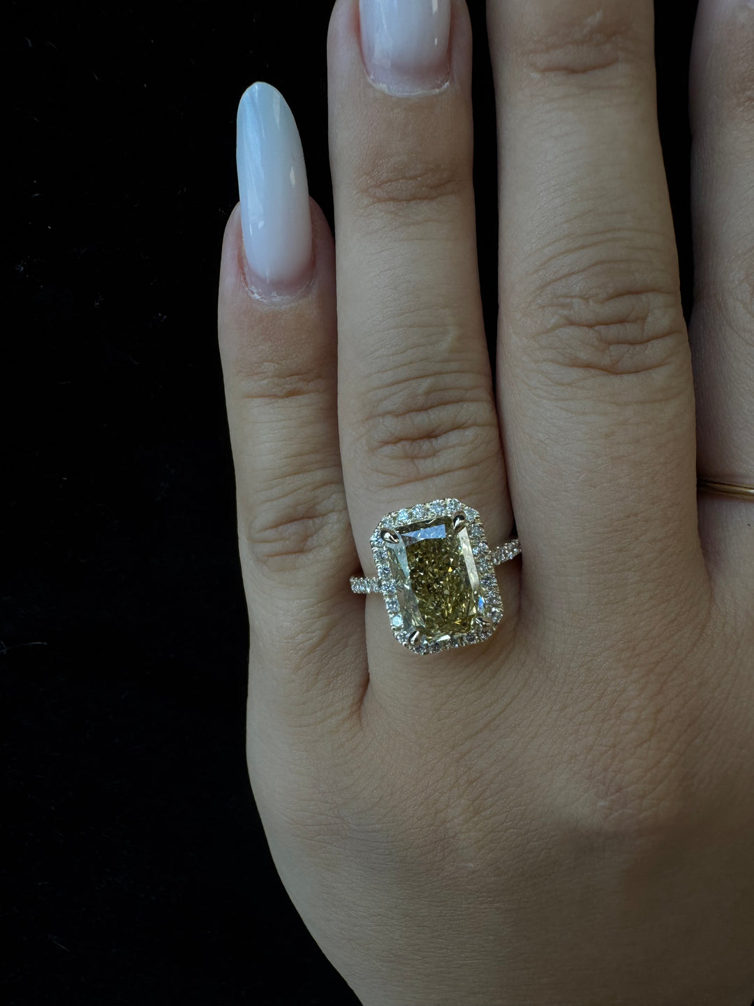 Radiant Cut Canary Yellow Lab Diamond Engagement Ring Pave Band and Halo, on Finger