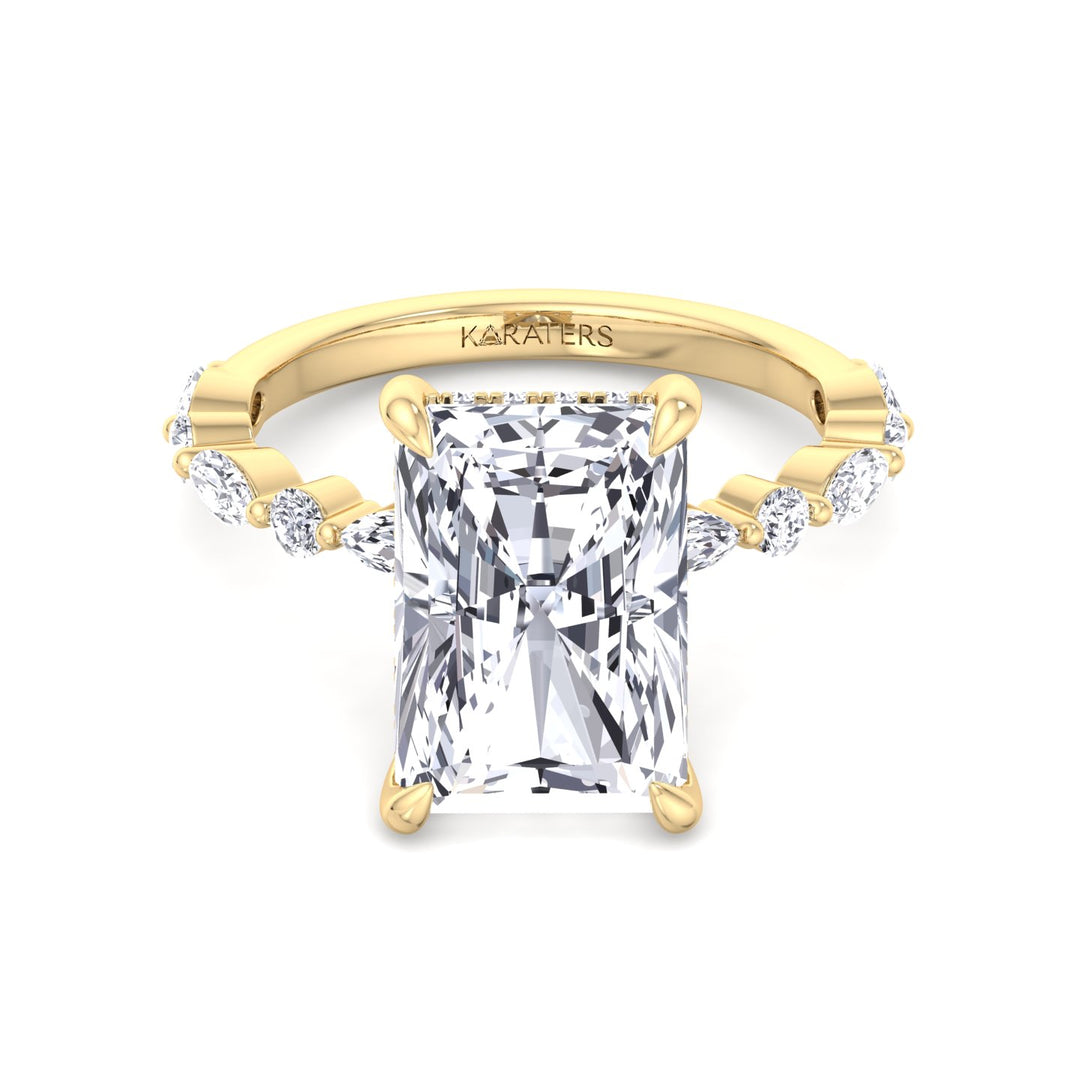 Radiant Diamond Ring Hidden Halo & Round Sidetones Yellow 