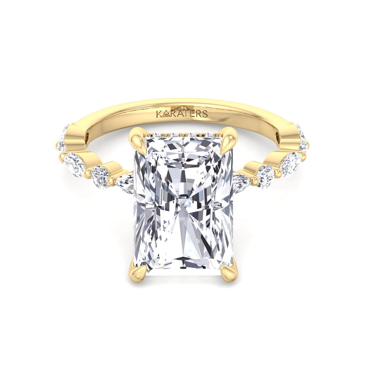 Radiant Diamond Ring Hidden Halo & Round Sidetones Yellow 