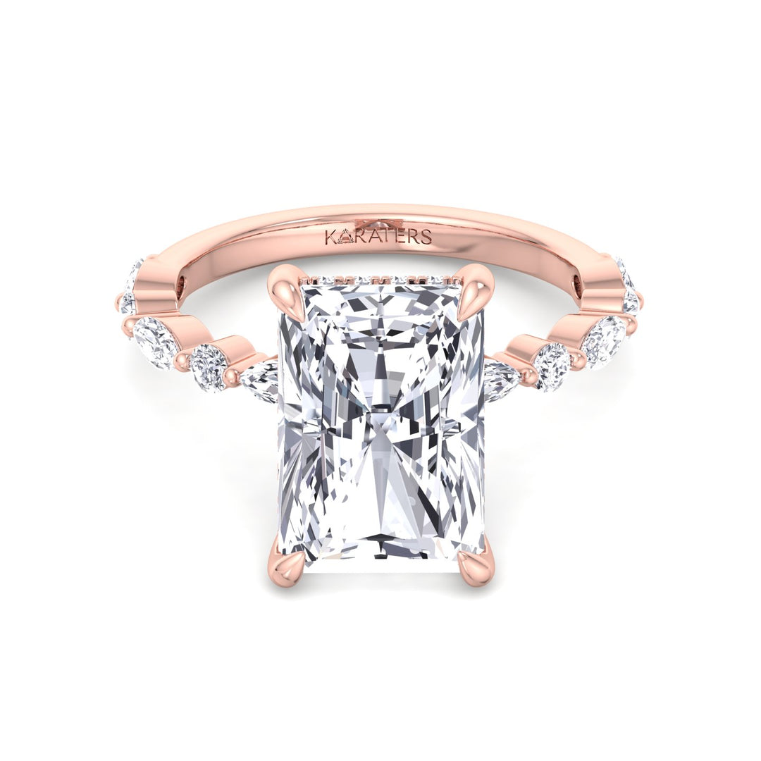 Radiant Diamond Ring Rose Hidden Halo & Round Sidetones 