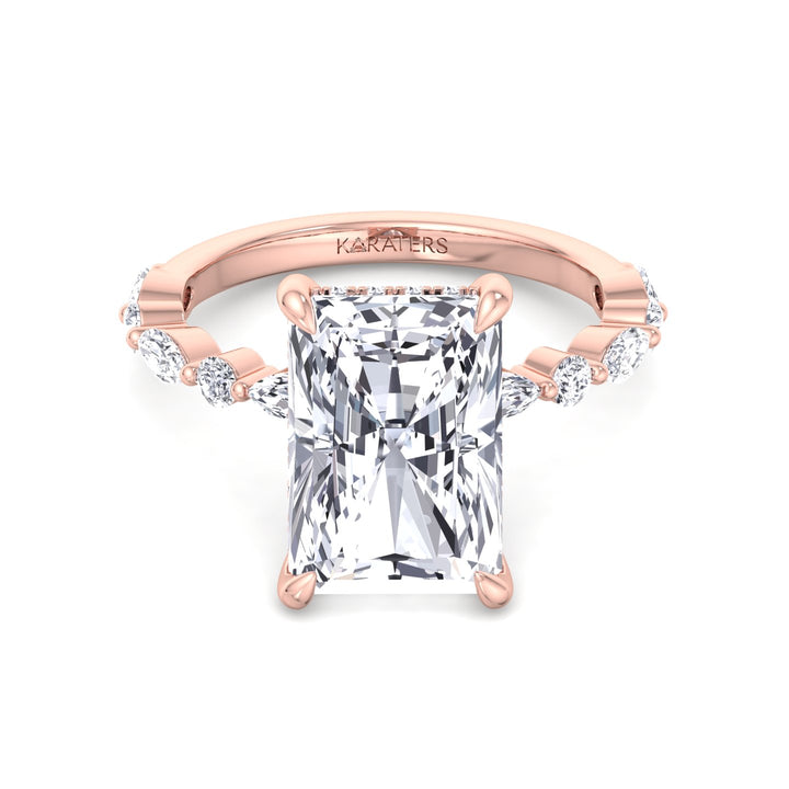 Radiant Diamond Ring Rose Hidden Halo & Round Sidetones 