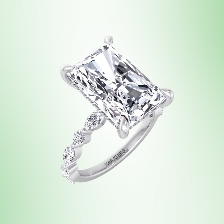 Radiant Lab Diamond Halo Engagement Ring Round & Marquise Side Stones