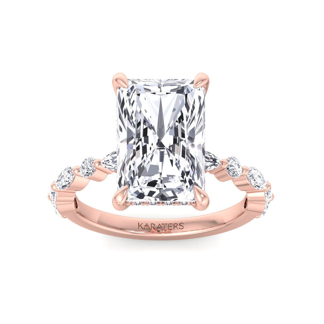 Radiant Lab Diamond Ring Hidden Halo & Round Sidetones Rose 