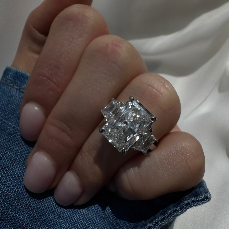 Radiant & Trapezoid Three Stone Lab-Diamond Engagement Ring, on Finger