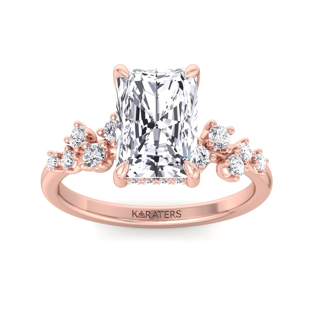 Radiant cut Lab Diamond Hidden Halo  Ring Side Stones Rose