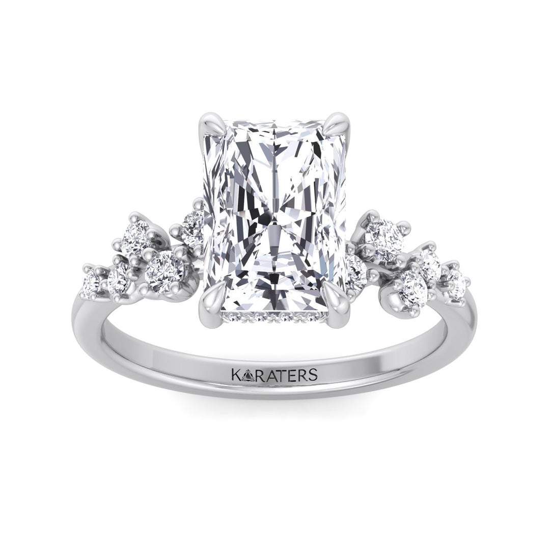 Radiant cut Lab Diamond Hidden Halo  Ring Side Stones White 